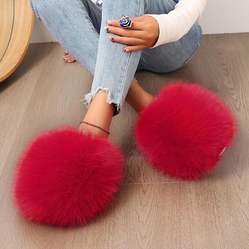 1 Pair Elegant Faux Fur Slippers for Women, Indoor/Outdoor House Shoes, Korean Style Warm Flat Non-Slip Rubber Sole, Pure Color, Fabric Lined
