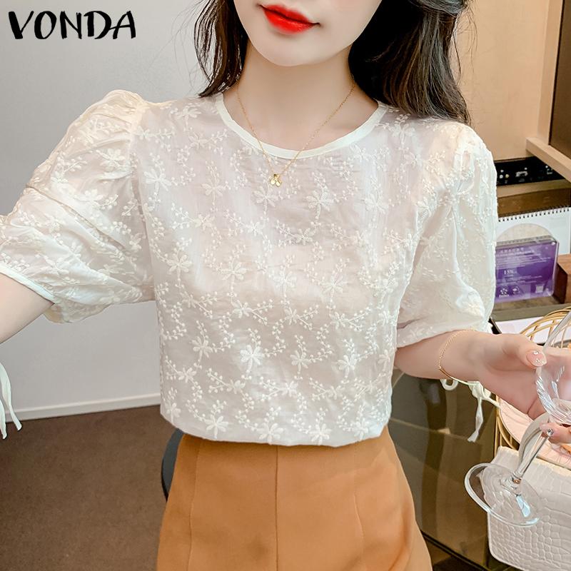 

VONDA женский летний хлопковый топ с круглым вырезом и рукавами из пуха и вышивкой с завязками
