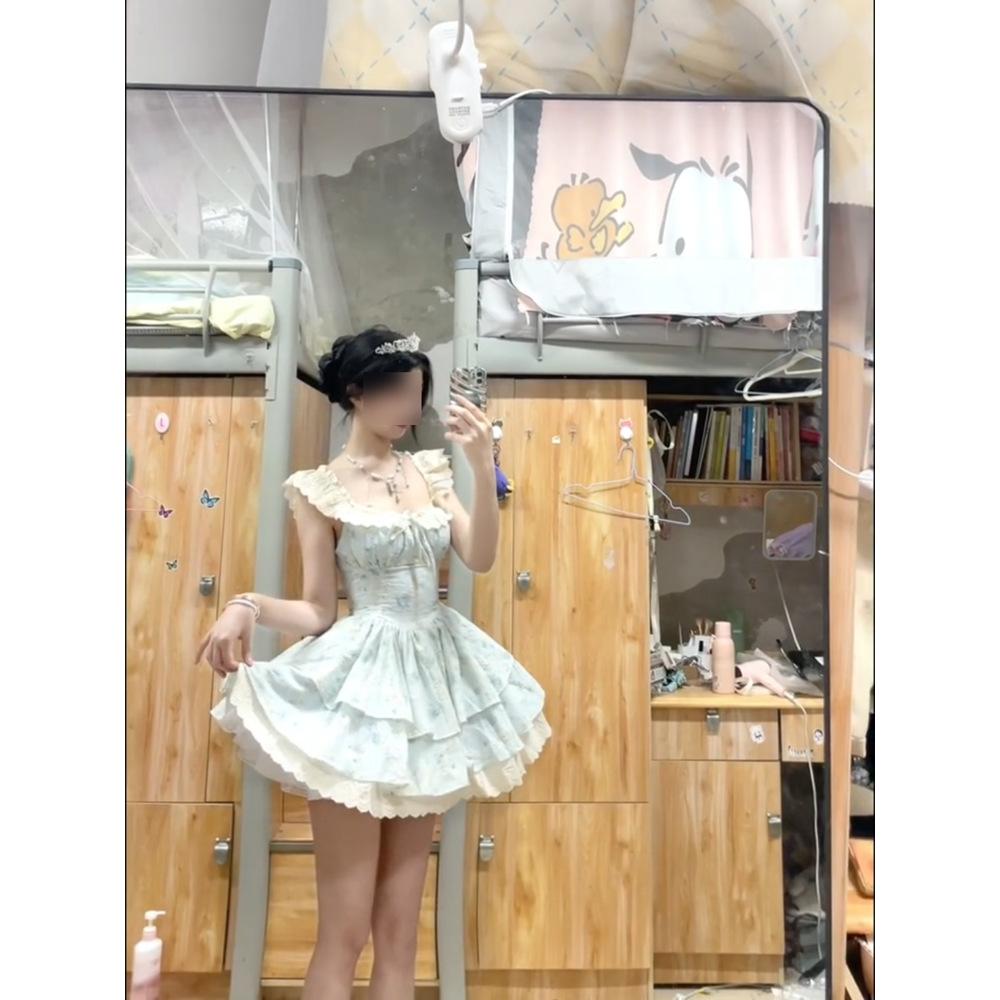 Gentle and Sweet Little Flying Sleeves Floral Waist Dress Female Summer Fugitive Princess Pink Cherry Blossom Puffy Cake Short Dress