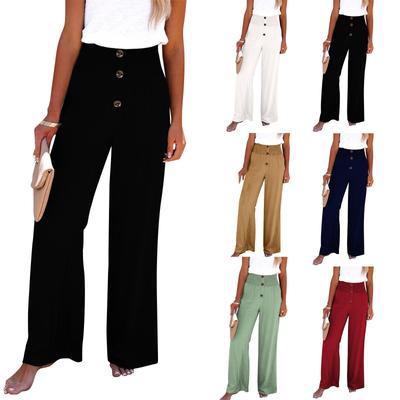 Women's High Waist Loose Long Wide Leg Pants Button Trim Elasticated Casual Pants