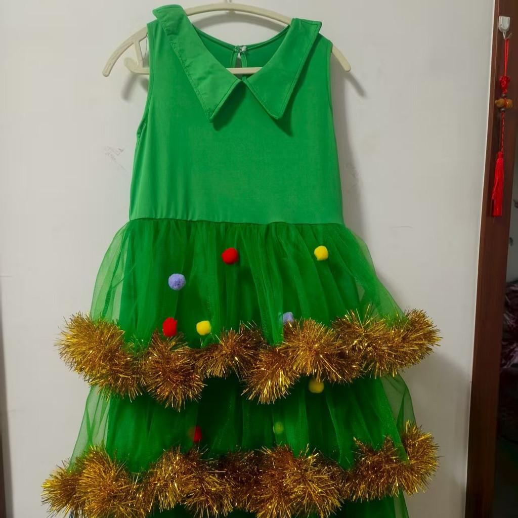 Adult Women Xmas Green Elf Christmas Tree Dress Hat Sets New Year Cosplay Costumes Performance Role Play Outfit