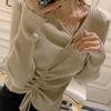 Autumn Casual V-neck Drawstring Pullover Knitted Sweater Women Fashion Slim Fit Knitwears Tops Solid Long Sleeve Thin Irregular Base Sweaters 31064
