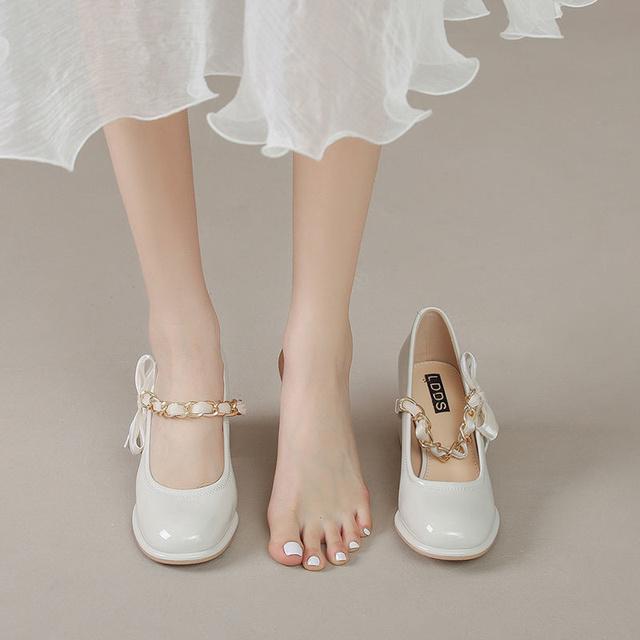 

Женская обувь Мэри на высоком каблуке для семейного сезона, новая весенне-летняя обувь с бантом, толстая, с неглубоким носком, одинарная 34