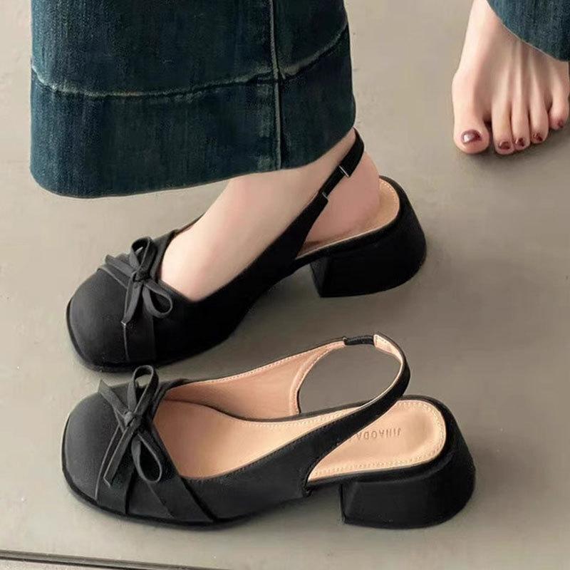 French Bow Bag Head Sandals Women's Summer New with Skirt Temperament Medium Heel Single Shoes Thick Heel High Heels