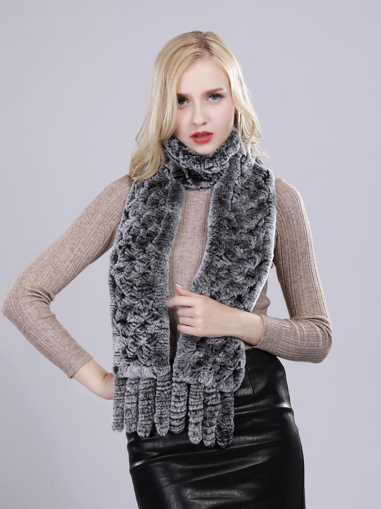 New Arrival Russian Women Real Rex Rabbit Fur Scarves Ladies Winter Natural Rex Rabbit Fur Scarves Knit Tassel Real Fur Shawls