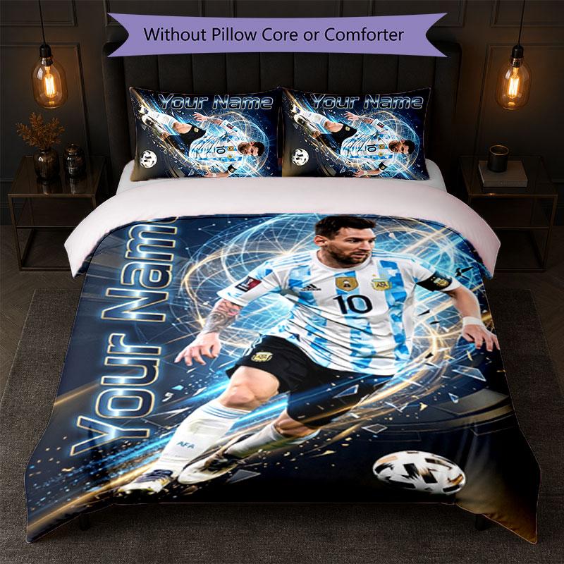 Set Biancheria da Letto Personalizzato con Nome Lionel Messi 1 Copripiumino+2 Federe Logo Calcio Regalo Personalizzato per Occasioni Speciali Decorazione Camera da Letto