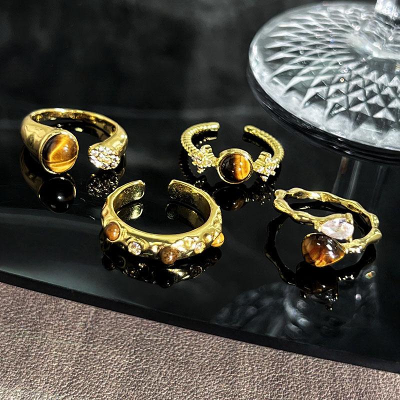 Autumn and Winter Advanced Sense Adjustable Index Finger Ring Niche Maillard Tiger's Eye Stone Gold Ring Women's Light Luxury Stacked Ring