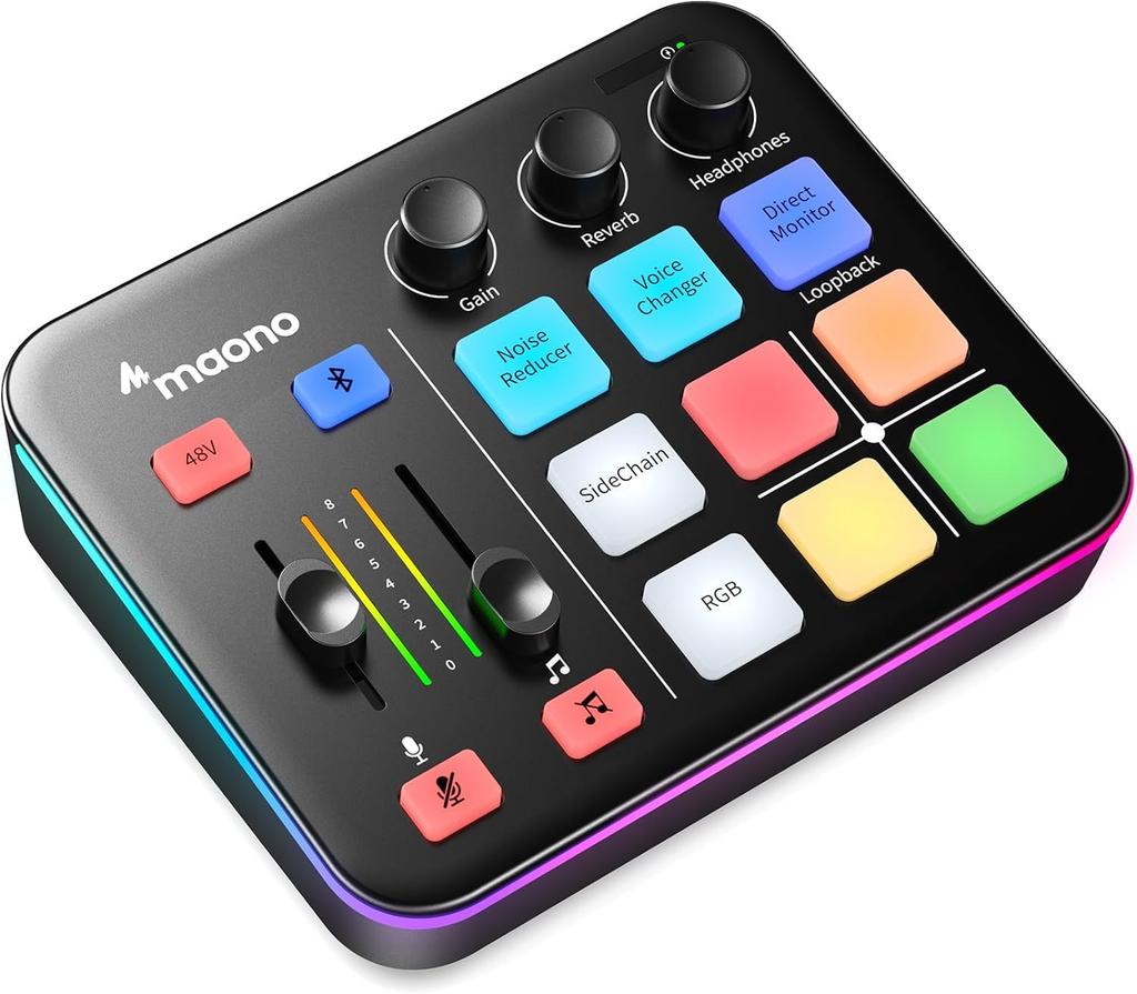 MAONO Gaming Audio Mixer, Audio Interface with Mute, Voice Changer, Reverb, Compatible with PCSmartphoneMicrophoneHeadphones, for Gaming, Streaming,