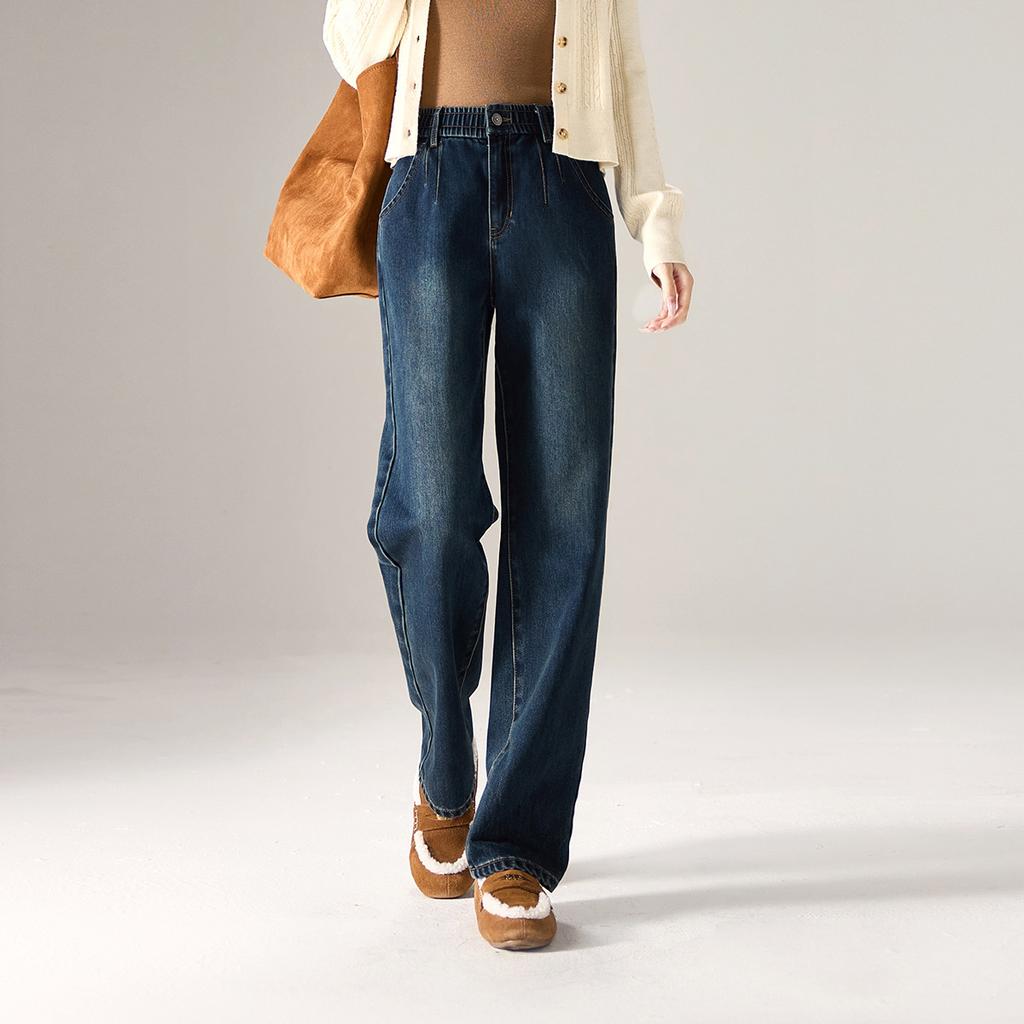 Thick Brushed High-waisted Wide-leg Jeans for Women