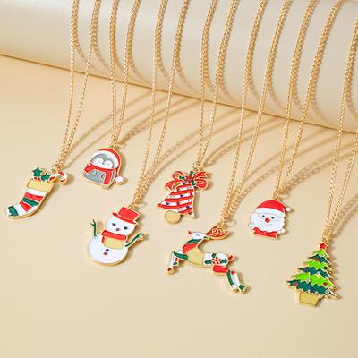 Christmas Cartoon Oil Dripping Elk Snowman Bell Necklace, Creative Design Gift Pendant Female