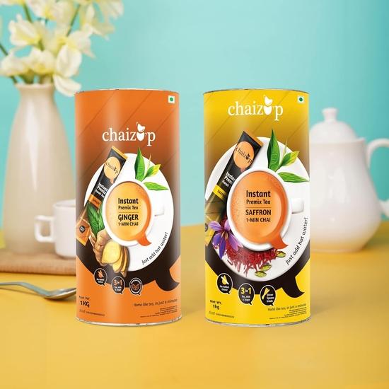 Chaizup Premium 1 Min Instant Assorted Tea Pack - 1kg Cans (Pack of 2) | Saffron & Ginger Flavours | Approx. 144 Servings | 2kg