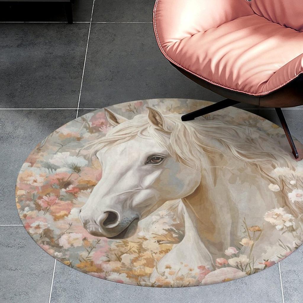 White Horse Floral Round Rug Flannel Printed Carpet Artistic Theme Home Decor Cozy Soft Floor Mat Living Room Indoor Use