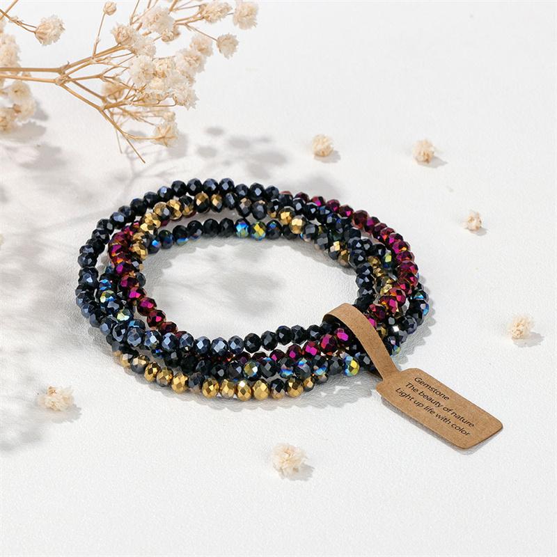 4Mm Bead Women'S Bracelet Set Multi-Strand Faceted Glass Bead Elastic Bracelet With Tag Clasp