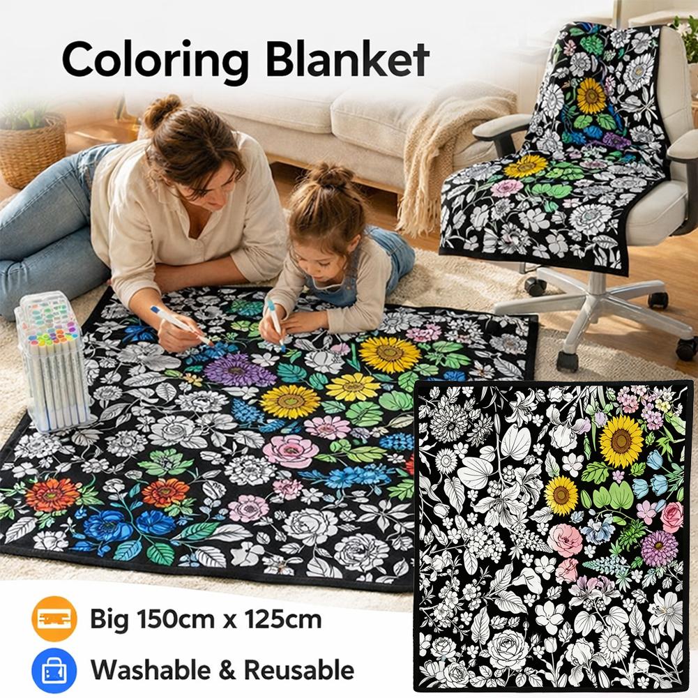 DIY Coloring Blanket With 24 Color Acrylic Markers Floral Theme Cloth Painting Throw Blanket For Sofa Bedroom Decor Gift