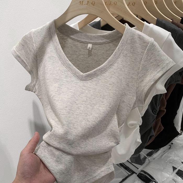 

Женский приталенный топ с V-образным вырезом и короткими рукавами с драпировкой - Летний утягивающий талию дизайн с асимметричным низом Medium