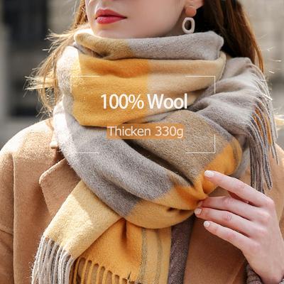Winter 100% Lamb Wool Scarf Women Luxury Thicken Warm Shawls Wraps Checkered Pashmina Foulard Femme Plaid Cashmere Scarves