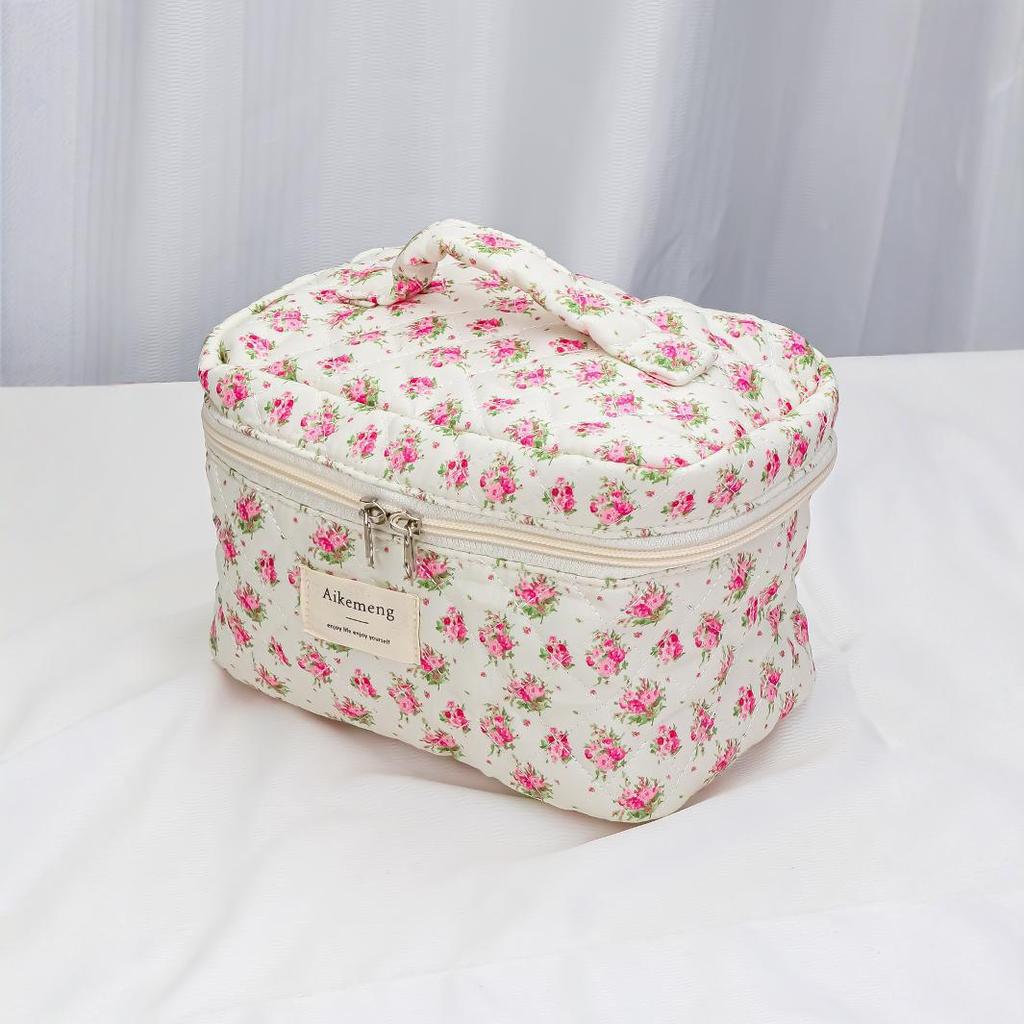 Floral Quilted Cotton Travel Makeup Bag Set – Portable, Large Capacity, 3-Piece