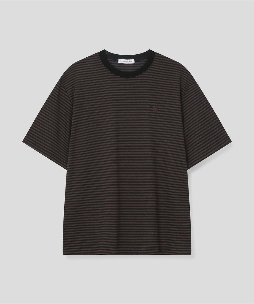 SLOW RECORD HOUSE Striped Short Sleeve T-Shirt_Brown