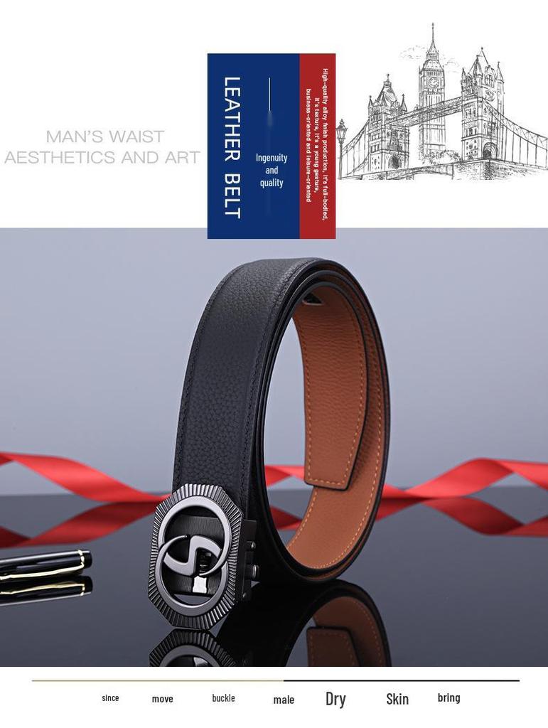 Men's Double-Sided Genuine Leather Belt with Automatic Buckle - Casual, Versatile Waistband