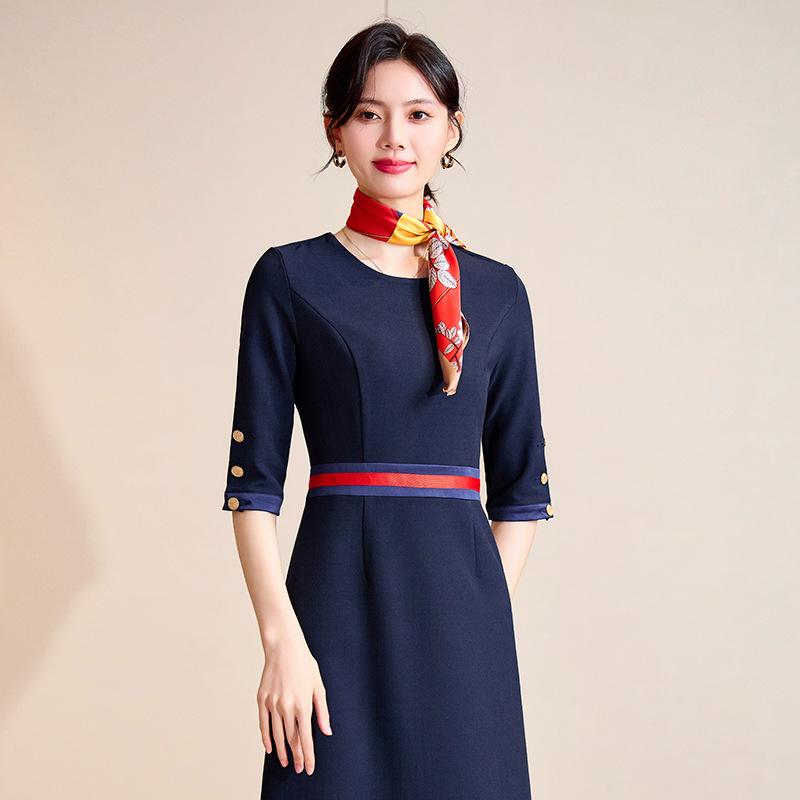 Elegant Mid-Sleeve Autumn/Winter Dress for Women - Sophisticated Socialite & Flight Attendant Uniform