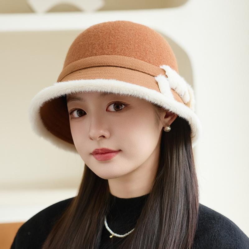 New Wool Splicing Bucket Hat Fashionable Women's Top Hat Outdoor Basin Hat