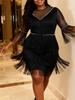 Plus Size Black Pearl Tassel Evening Gown with See-through Sleeves & Waist-Cinching Design
