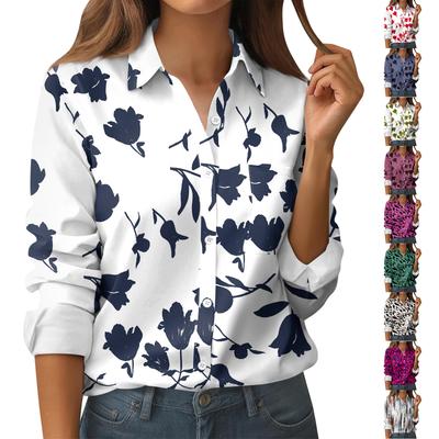 Damen Button-Down Prints Hemd Langarmhemd Business Arbeits-Tops Lässig Mit Taschen Jacke