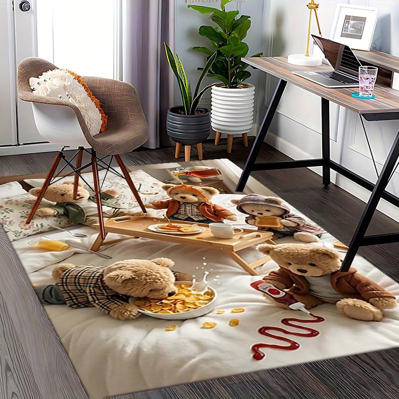 1pc Teddy Bear Breakfast Scene Chair Mat - Anime Cartoon Design, Anti-Slip Carpet for Office and Home Decor, Suitable for All Seasons.C022