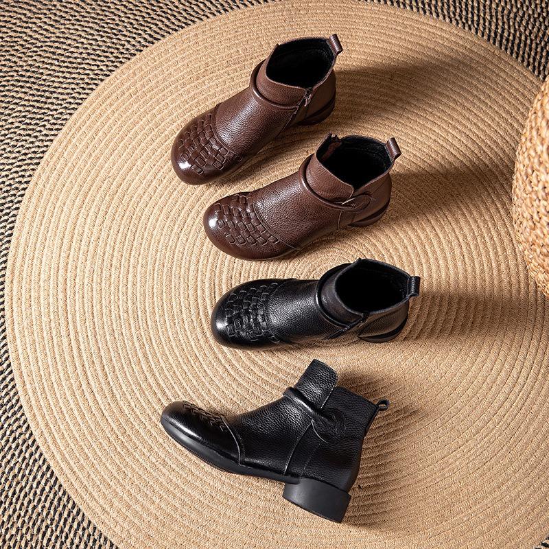 Leather warm round head mother Martin boots winter new thick heel hand-woven retro short boots women