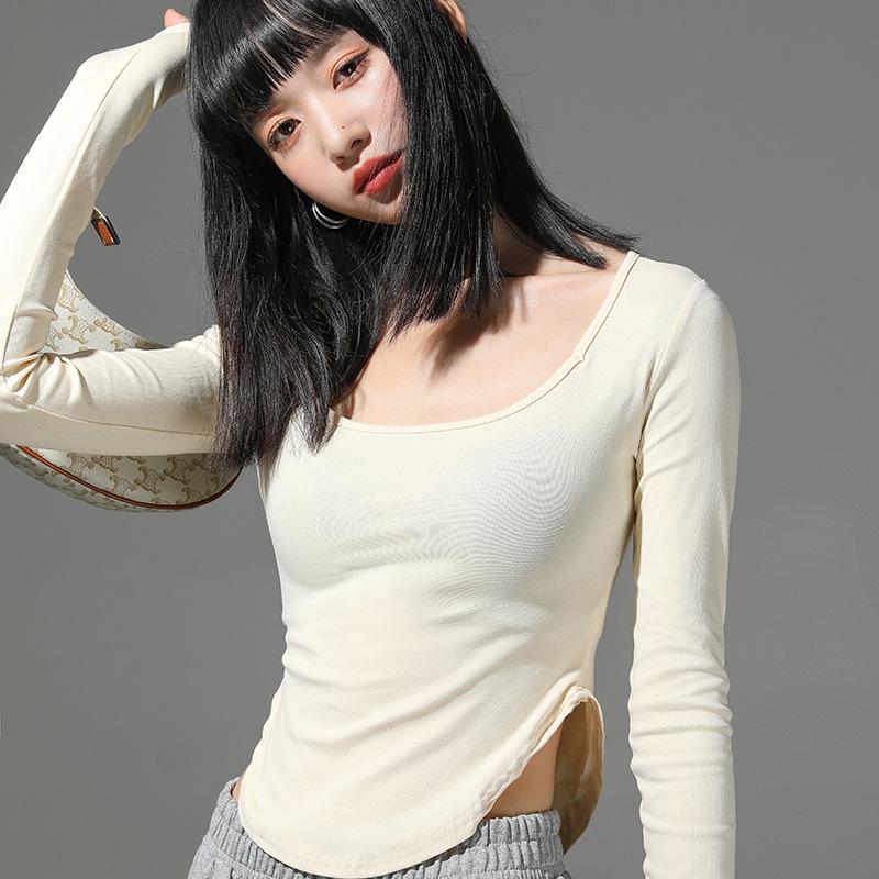 Q New Round Neck T-shirt Women Slit Bottom Circular Design Sense of The Public Bare Collarbone Slim Top Base Shirt