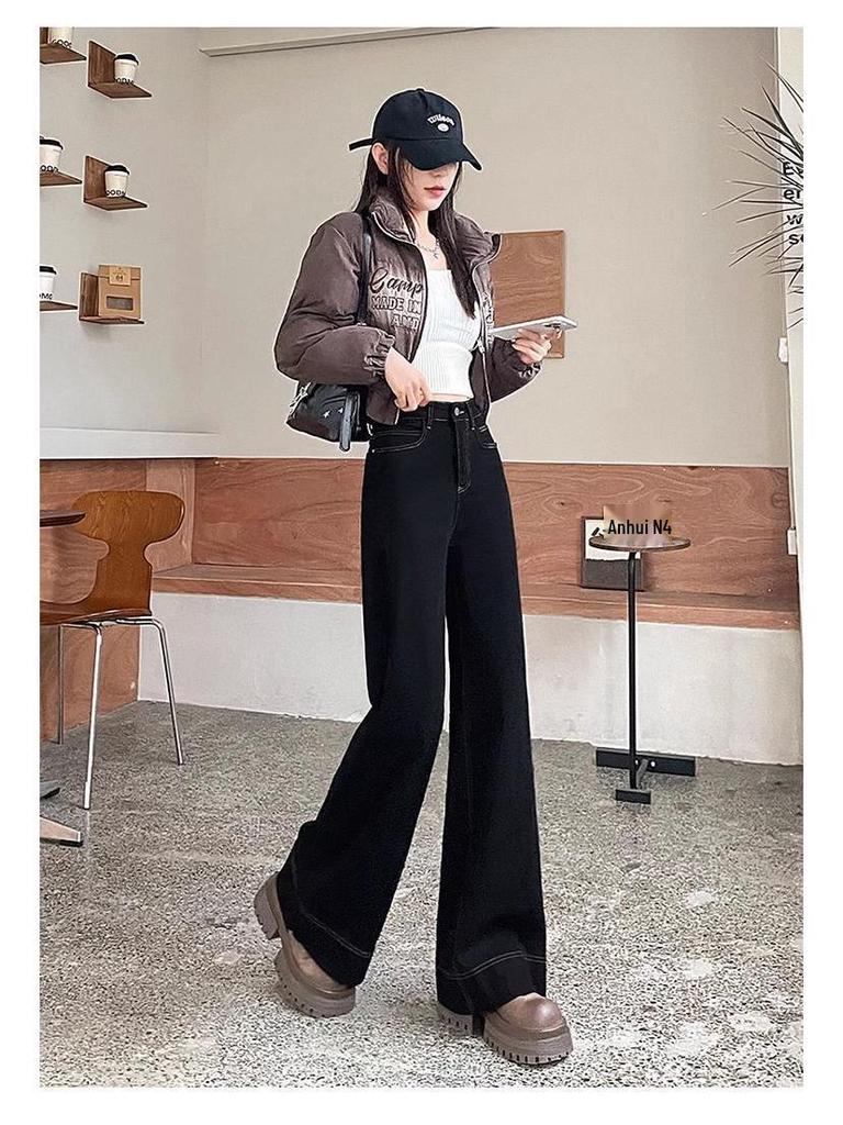 Autumn Winter 2025 High-Waist Black Jeans: Women's Slimming Loose Wide-Leg Pants