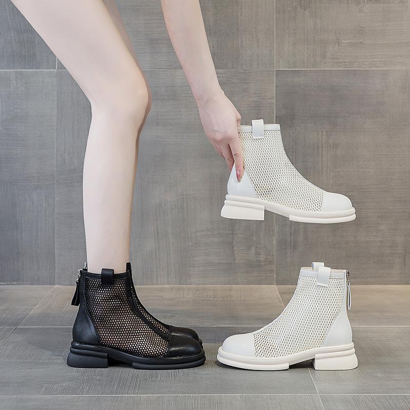

bota feminina короткие сетчатые сапоги 2025 женские летние дышащие черные туфли с мягкой подошвой на круглом носке с молнией на толстом каблуке модные сандалии 35 бежевый