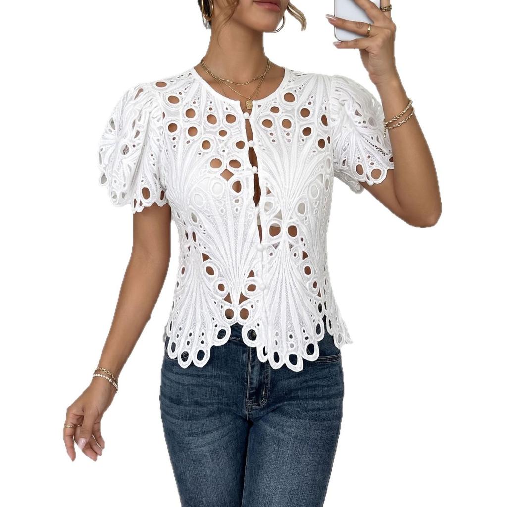 Women's Crochet Lace Short Sleeve Blouse Hollow Out Scalloped Casual Summer Top