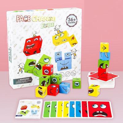 Wooden Magic Cube Building Blocks Kids Face Change Rubiks Cube Toys Wood Cube Table Games Expression Puzzle Building Blocks