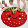 Strawberry Smile Round Rug Flannel Red Green Cute Fruit Design Bathroom Kitchen Entryway Non Slip Soft Floor Mat Kids Gift