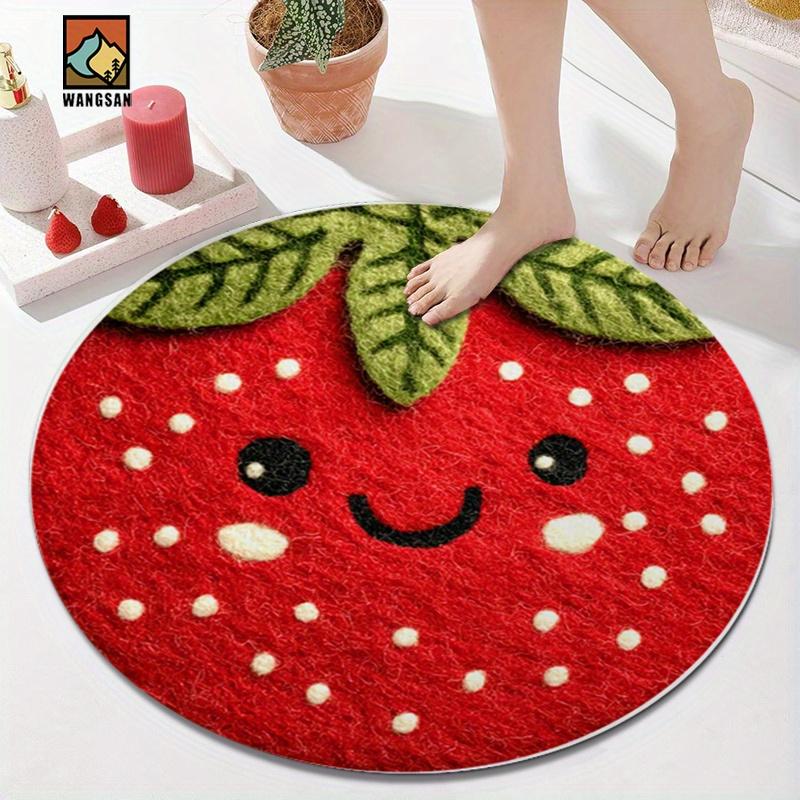 Strawberry Smile Round Rug Flannel Red Green Cute Fruit Design Bathroom Kitchen Entryway Non Slip Soft Floor Mat Kids Gift