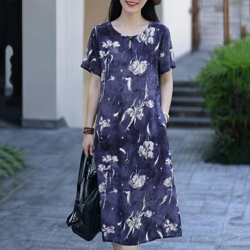 Elegante lange Kleider für Frauen in Übergröße, lockeres Kurzarm-Vintage-Kleid, Sommerkleidung für Damen mittleren Alters