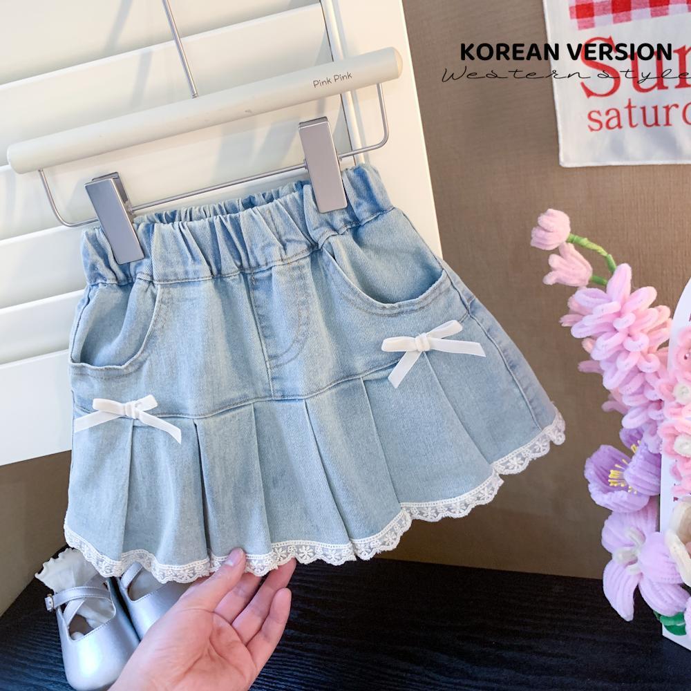 

Girls Summer Denim Skirt Cute Korean Style Bow Lace Trim Flared Ruffle Skirt Fashion Toddler Baby Outfit 90CM