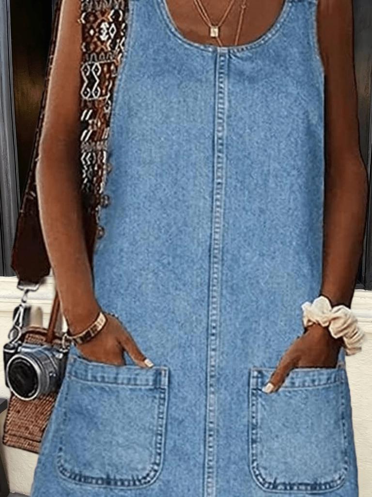 Mono de Mezclilla sin Mangas para Mujer Vestido Mini Cuello Redondo Vestido Vaquero con Bolsillos