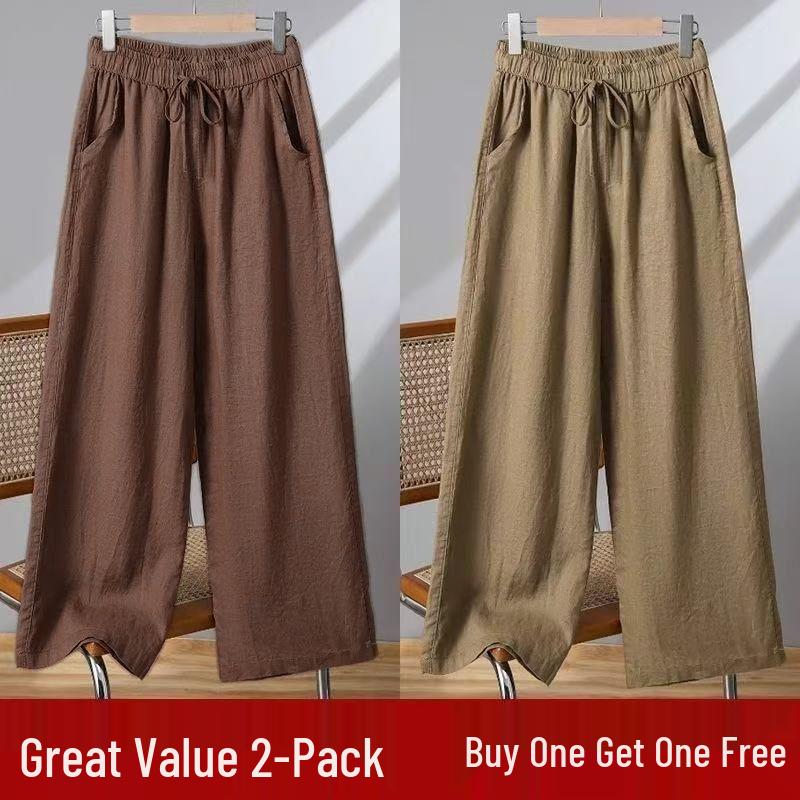 Women's Casual Wide-Leg Cotton Linen Pants - Summer Thin, Loose Fit, Nine-Point Length, Slim and Tall Look