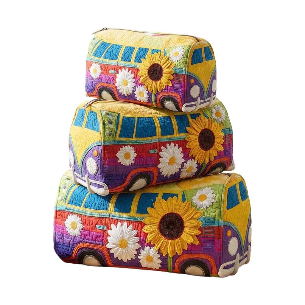 Quilted Multi Functional Storage Bag Set M Size with Floral and Nature Pattern Embroidery for Cosmetics and Accessories Organizer
