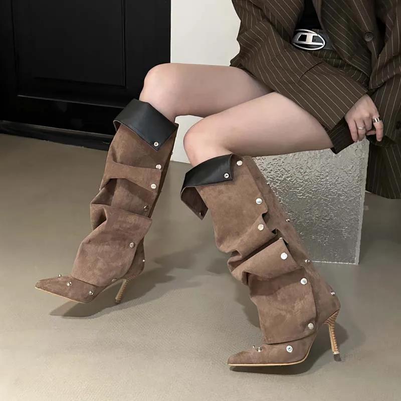 Onlymaker Women Pointed Toe Pleated Thin Heel Knee High Boots Back Zipper Fashion Buttons Stiletto Removable Boots