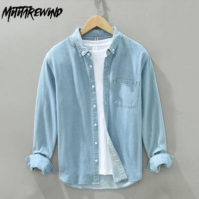 Korean Simple Style Long Sleeve Light Blue Denim Shirt Men Spring/Autumn Daily Men Tops Lapel Collar Pure Cotton Men's Casual Shirt