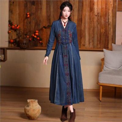 Chinese Style Embroidery V-Neck Cotton Vintage Style Retro Dress Single Breasted Long Sleeves Casual A-Line Dress
