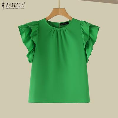 Dámská módní jednobarevná volná halenka s kulatým výstřihem a vícevrstvým volánovým rukávem