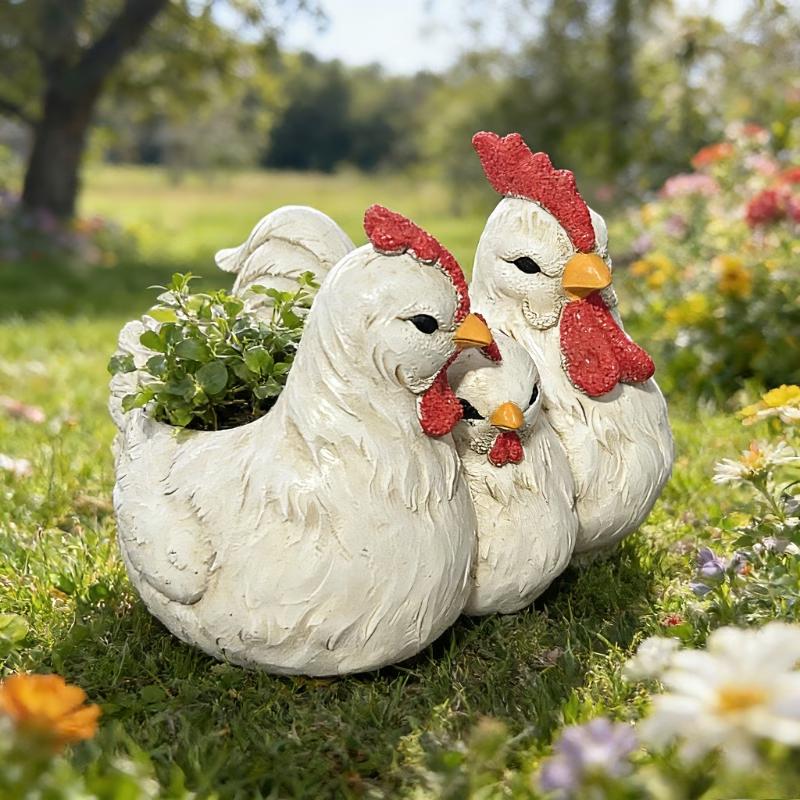 Three Chicken Coop Family Flower Pot, White Resin Desktop Decoration,Farmhouse Style Planter for Succulents and Small Plants