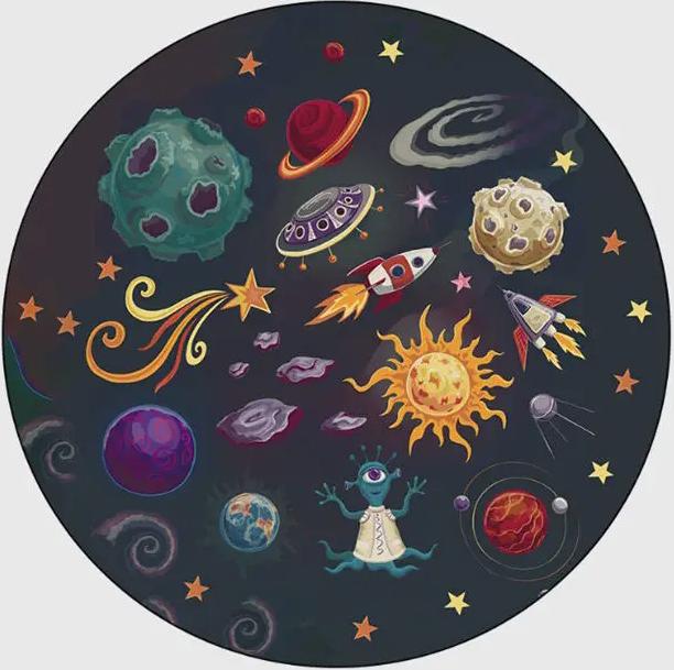 Kids Space Round Rug Collection Cartoon Planet Rocket Alien Pattern Educational Carpet For Children's Room Decor