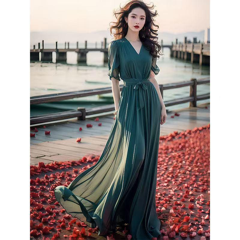 

Stylish Green Chiffon Ankle-Length Beach Dress - 2026 Summer Collection 4XL