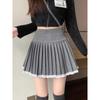 Women's Plus Size Woolen Pleated A-line Skirt with Lace Trim - High Waist Puff Design for Spring & Autumn