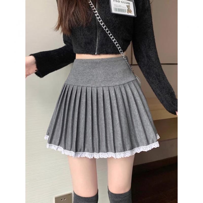 Women's Plus Size Woolen Pleated A-line Skirt with Lace Trim - High Waist Puff Design for Spring & Autumn